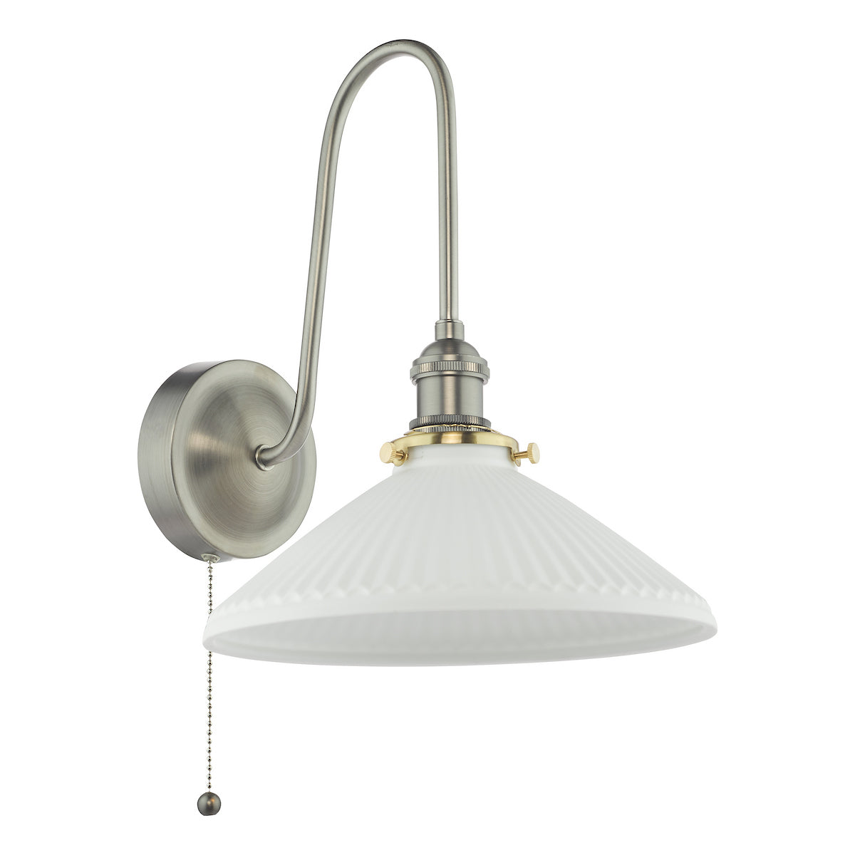 Brushed nickel wall sconce with a curved arm, a ribbed white glass shade, and a pull chain.
