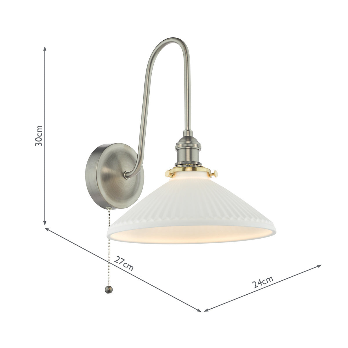 Brushed steel wall light with a curved arm, a white fluted glass shade, and a pull chain. 30cm H.