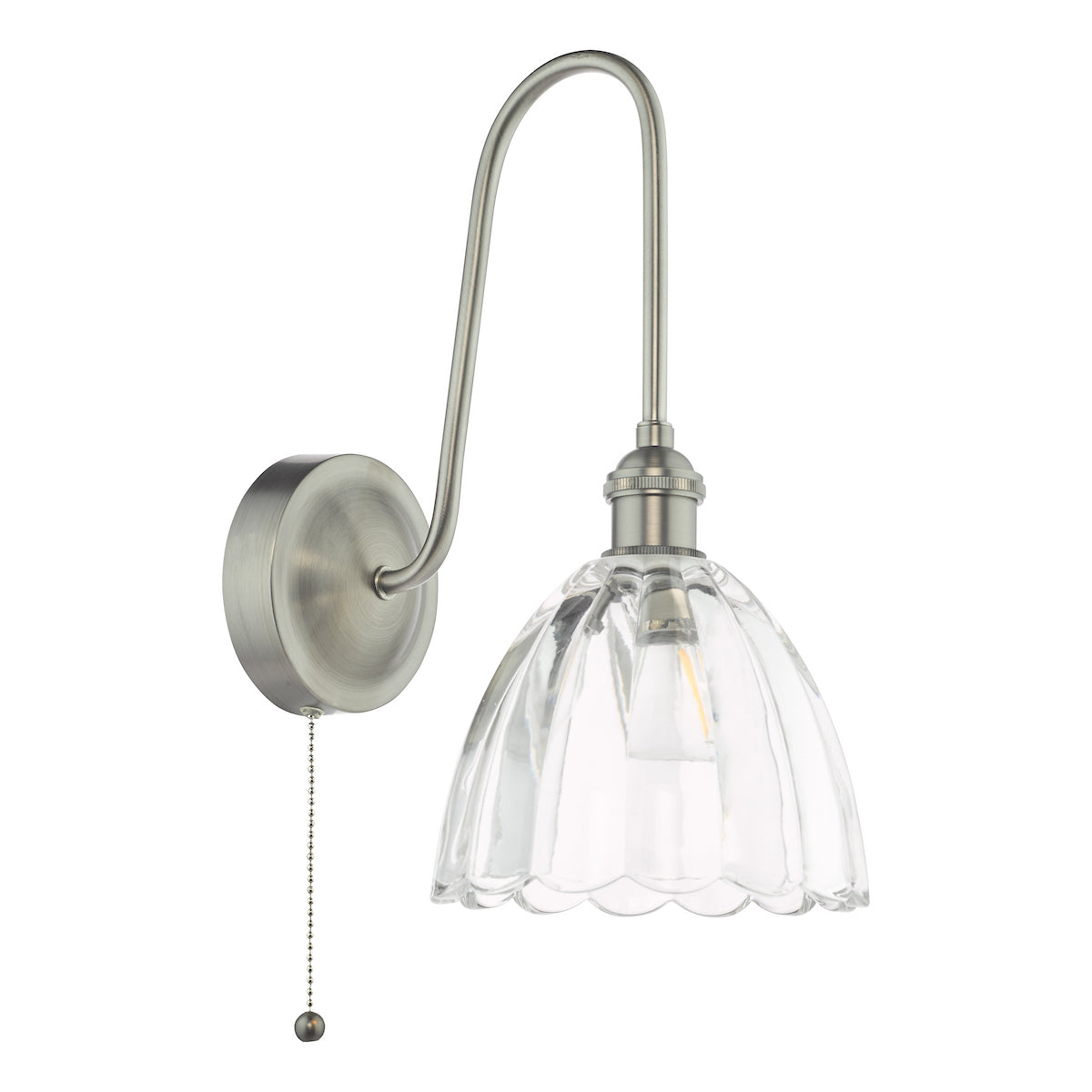 Brushed chrome wall light with a curved arm, a clear fluted glass shade, and a pull chain switch.