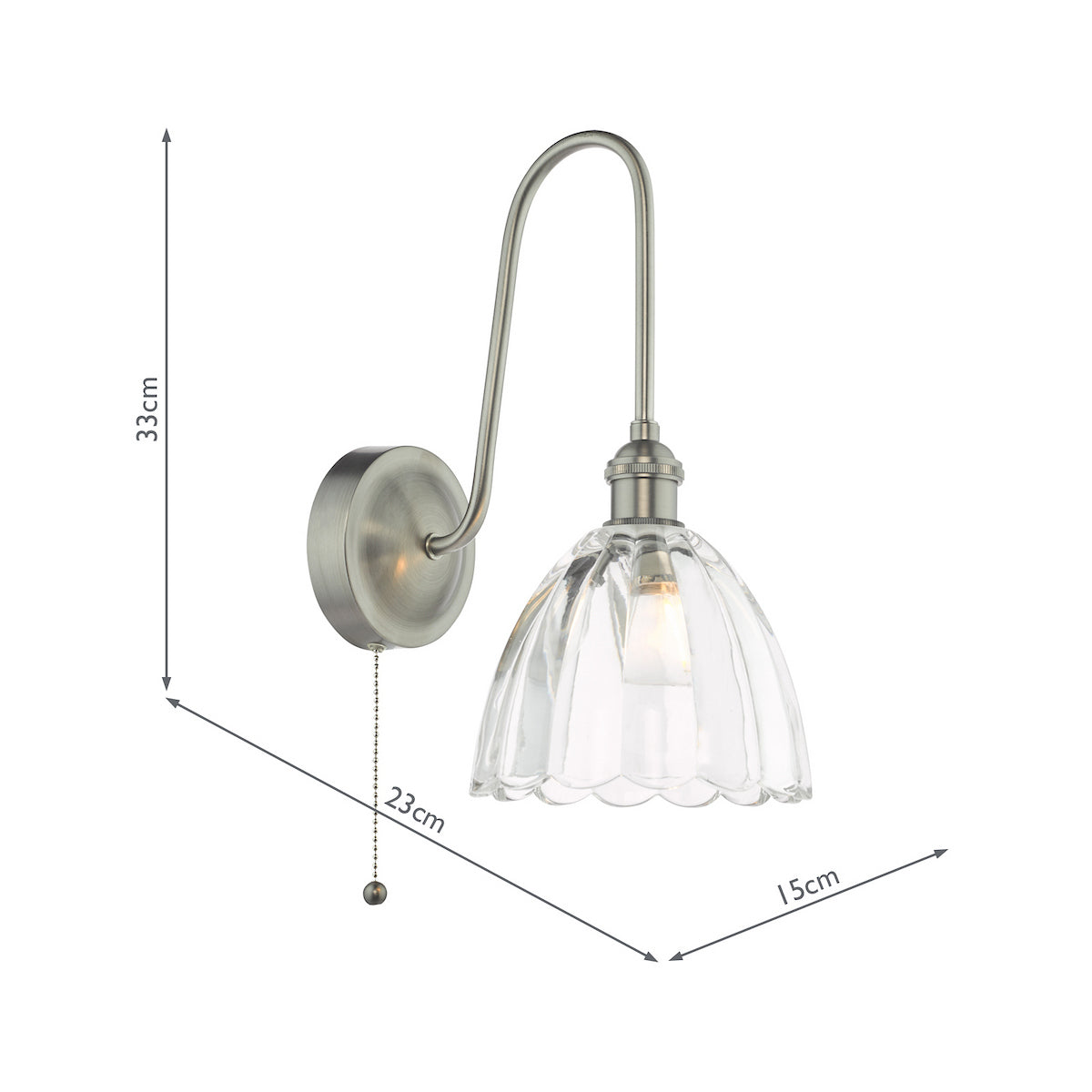 Brushed steel wall light with a curved arm and a clear fluted glass shade. Dimensions are 33cm H, 23cm D, 15cm W.