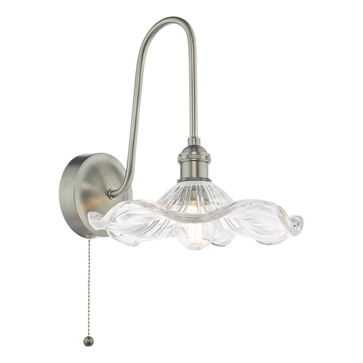 Brushed nickel wall sconce with a curved arm and a clear, ruffled glass shade. It has a pull chain switch.