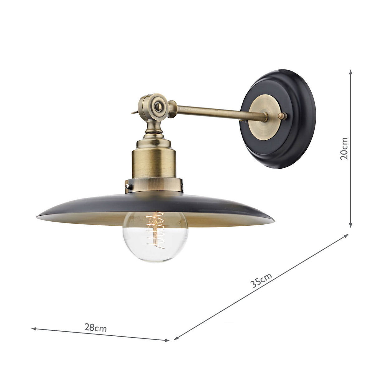 Industrial-style wall light with a black shade, brass arm, and exposed bulb, showing dimensions.