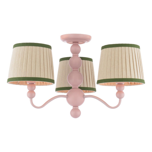 Pink three light chandelier with pleated beige shades and green trim