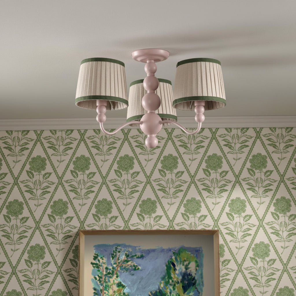 Harewood Semi Flush Ceiling Light in Matt Pink with Pleated Linen Shades