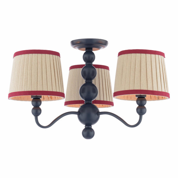 Three light semi flush mount chandelier with black spindle frame and pleated beige shades with red trim
