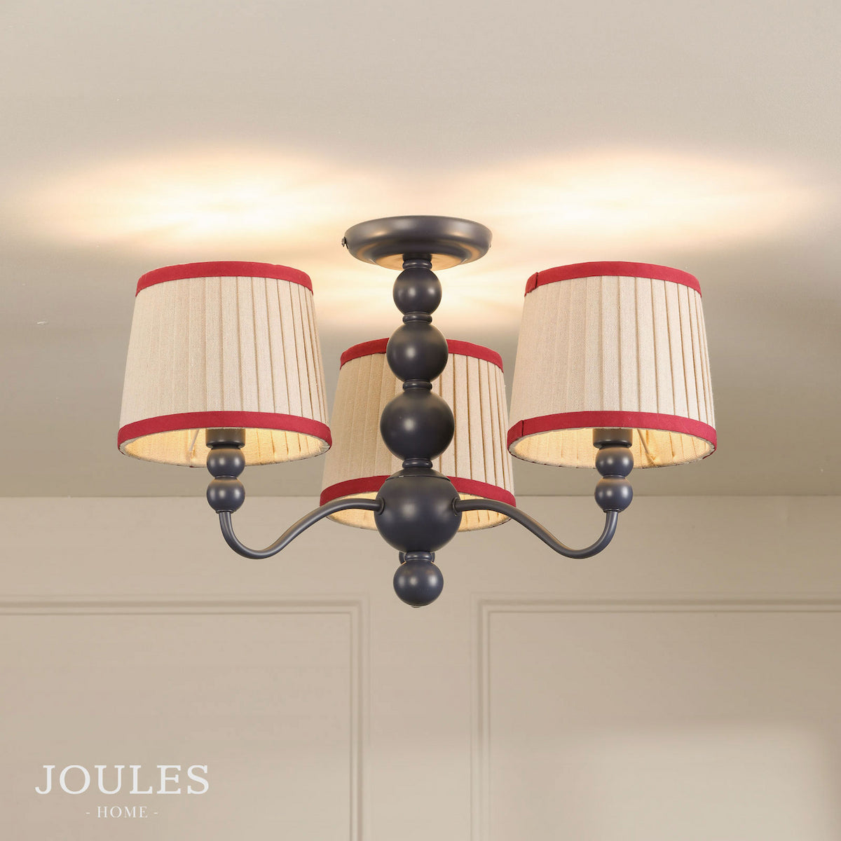 Joules Harewood semi flush ceiling light in matt blue with three pleated linen shades and red trim