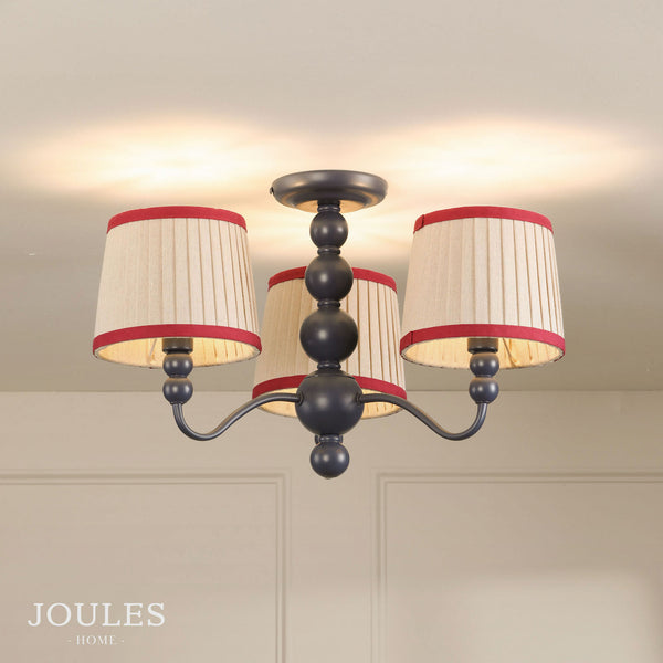 Joules Harewood semi flush ceiling light in matt blue with three pleated linen shades and red trim