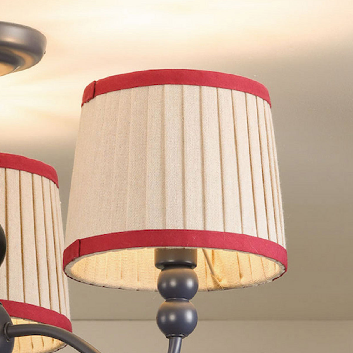 Joules Harewood semi flush ceiling light with pleated linen shades and red trim