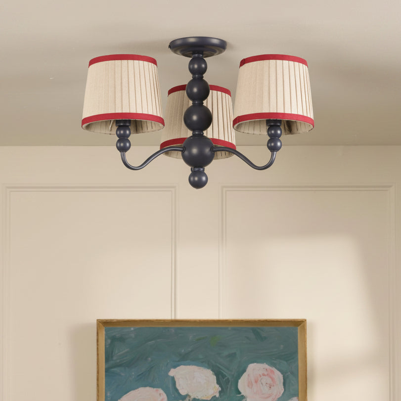 Joules Harewood semi flush ceiling light in matt blue with three pleated linen shades
