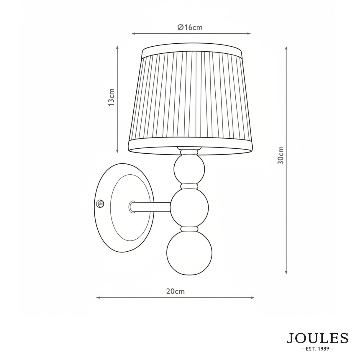 Dimensional line drawing of Joules Harewood wall light with pleated shade and measurements