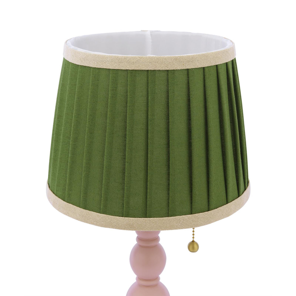 Joules Harewood table lamp with a green pleated linen shade and a matt pink base