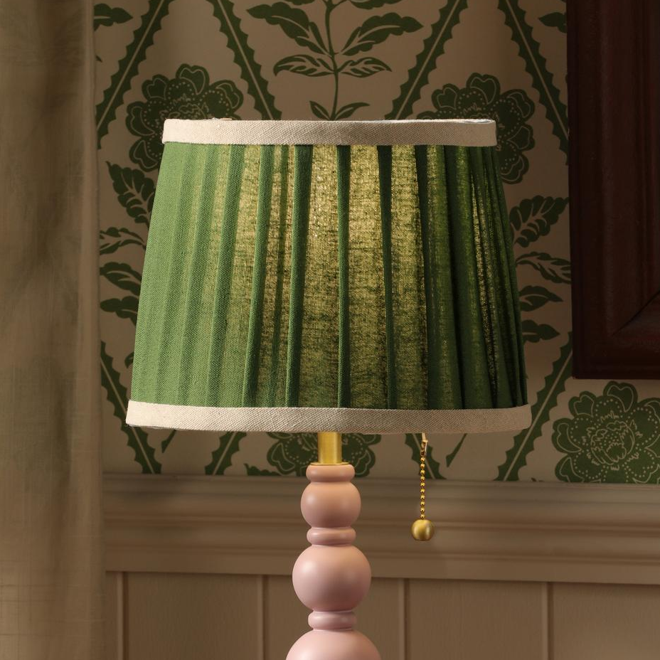 Harewood Table Lamp in Matt Pink with Green Pleated Linen Shade