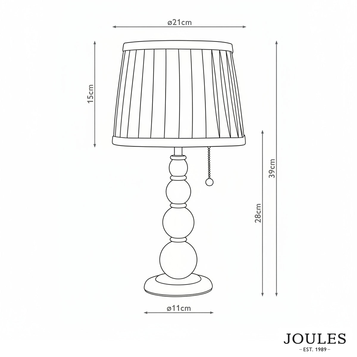 Joules table lamp line drawing with dimensions showing 39cm total height and 21cm shade diameter