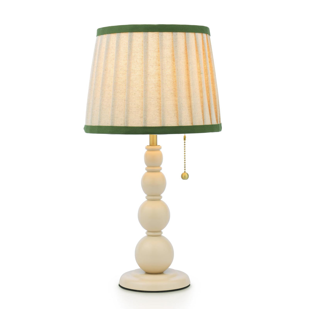 Joules Harewood table lamp with matt cream stacked sphere base and pleated linen shade with green trim