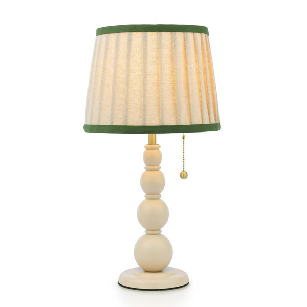 Joules Harewood table lamp with matt cream stacked sphere base and pleated linen shade with green trim