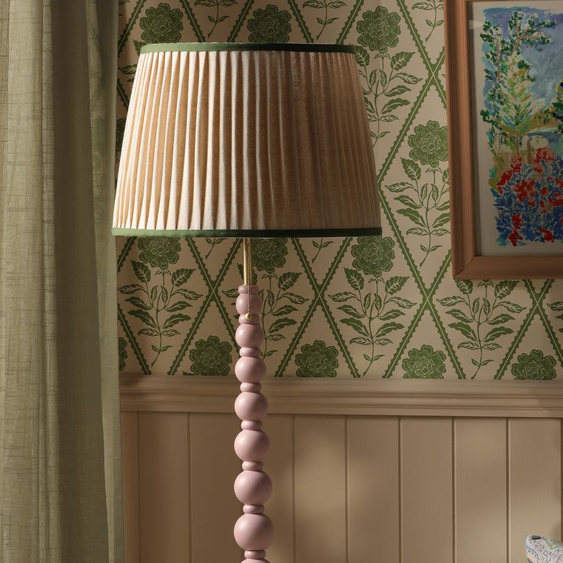 Harewood Floor Lamp in Matt Pink with Pleated Linen Shade