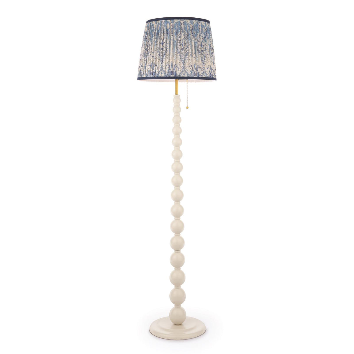 Joules Harewood floor lamp in matt cream with a blue patterned pleated linen shade