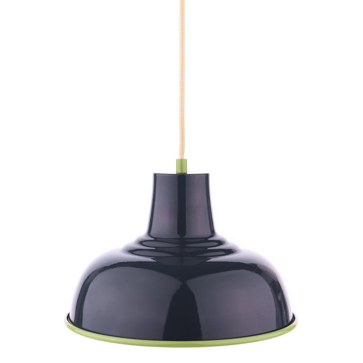 Joules Hatfield pendant light in gloss blue with a green rim and fabric cord