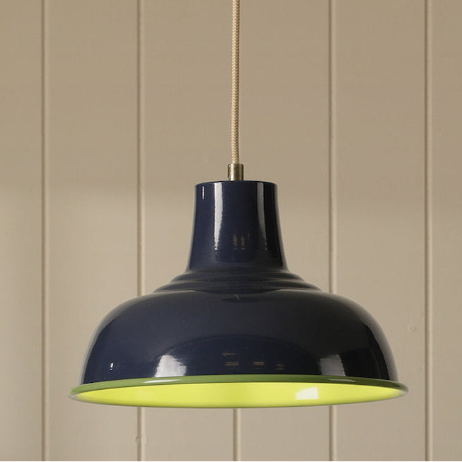 Joules Hatfield pendant light in gloss blue with a green interior