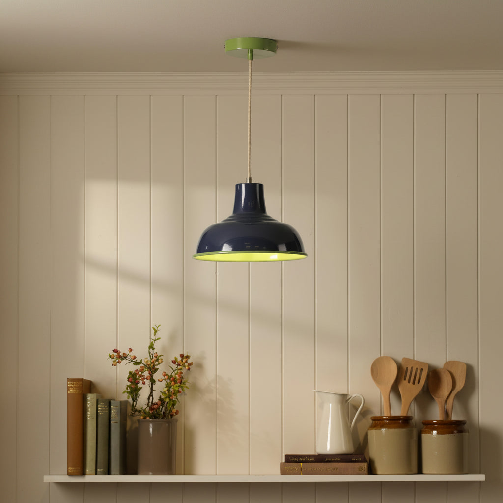 Joules Hatfield pendant light in gloss blue and green hanging above a shelf with kitchen accessories
