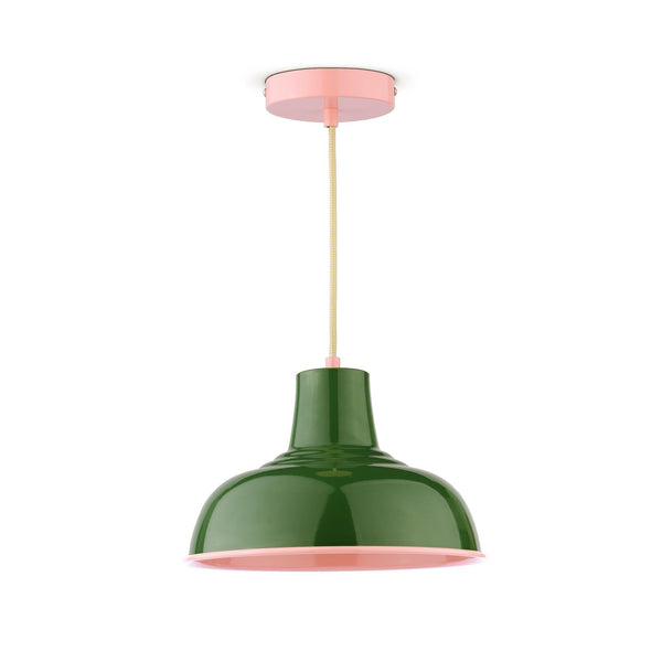 Green and pink metal dome pendant light with a fabric cord