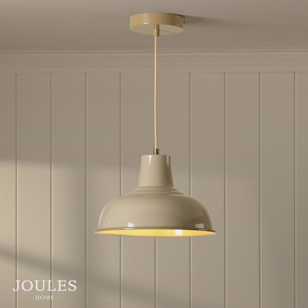 Joules Hatfield pendant light in gloss taupe with a fabric cord and matching ceiling rose