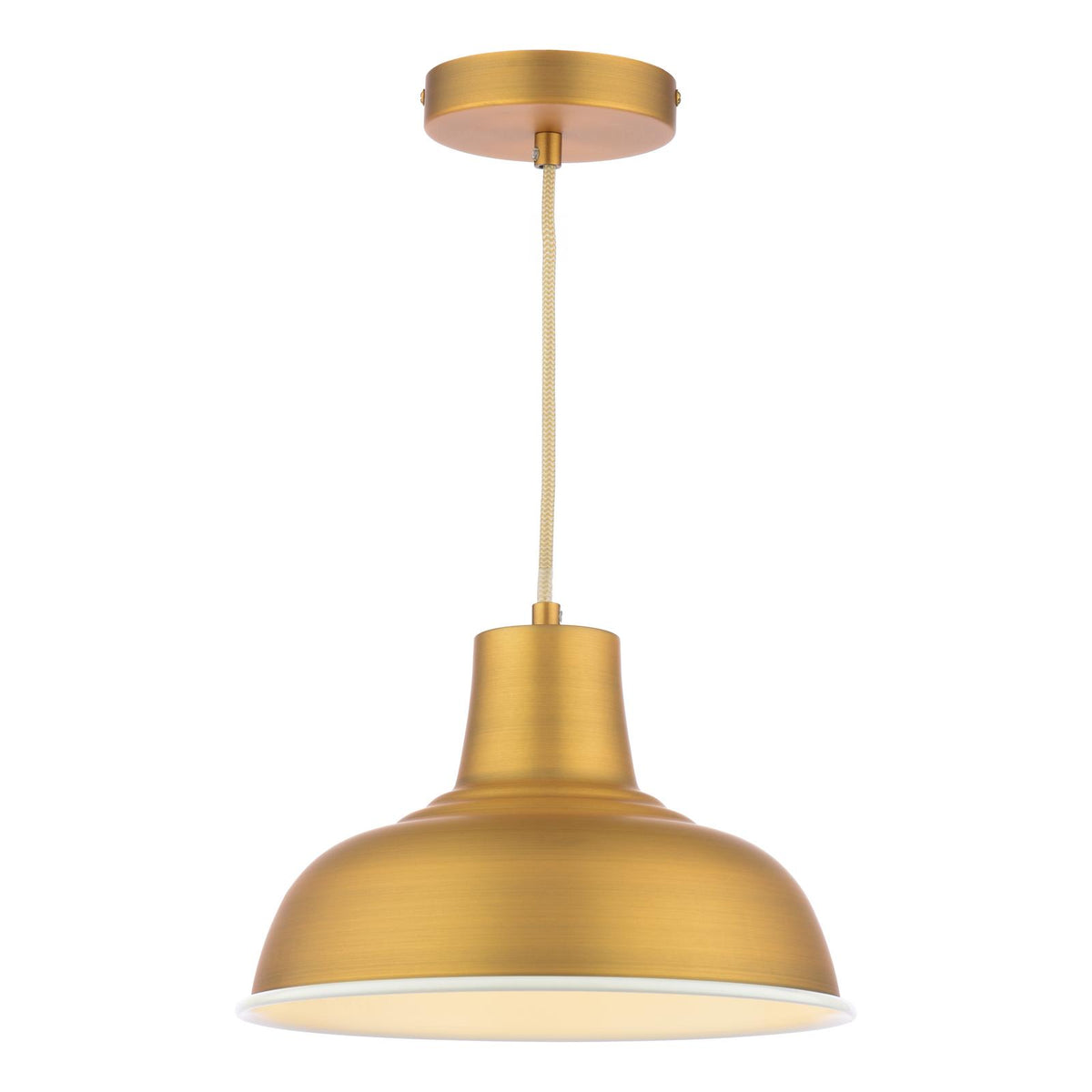Brushed brass dome pendant light with white interior and fabric cord