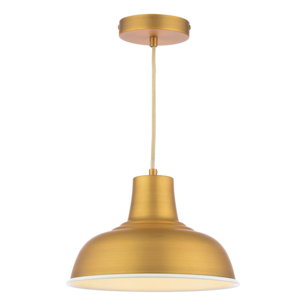 Brushed brass dome pendant light with white interior and fabric cord