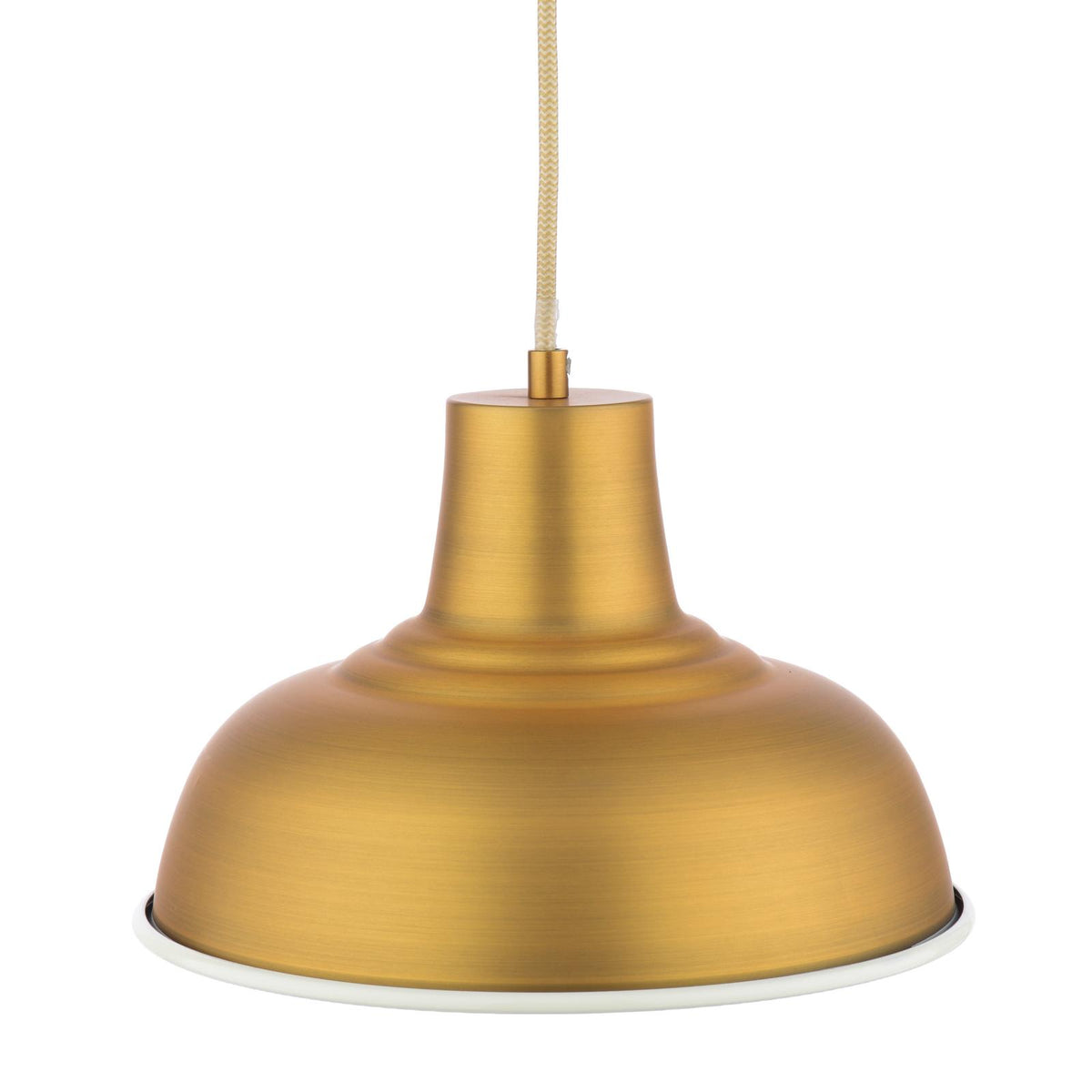 Brushed brass dome pendant light with white interior and fabric cord