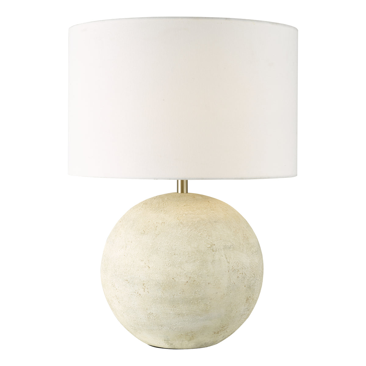 Round table lamp with a textured cream base and a plain white fabric shade