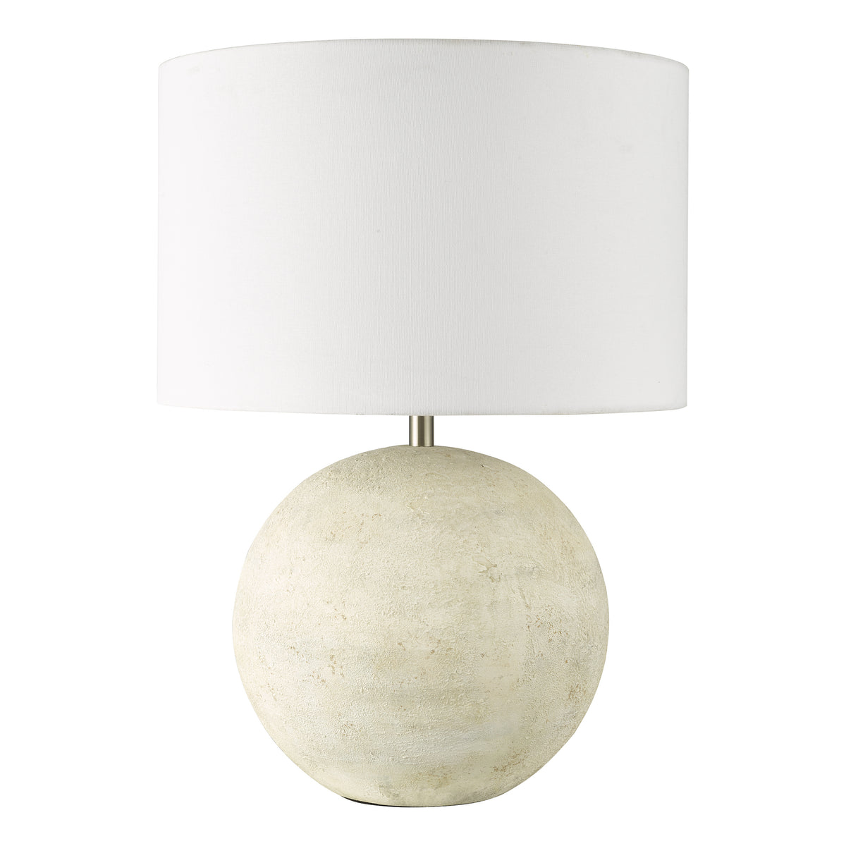 Round table lamp with a textured cream base and a white fabric drum shade