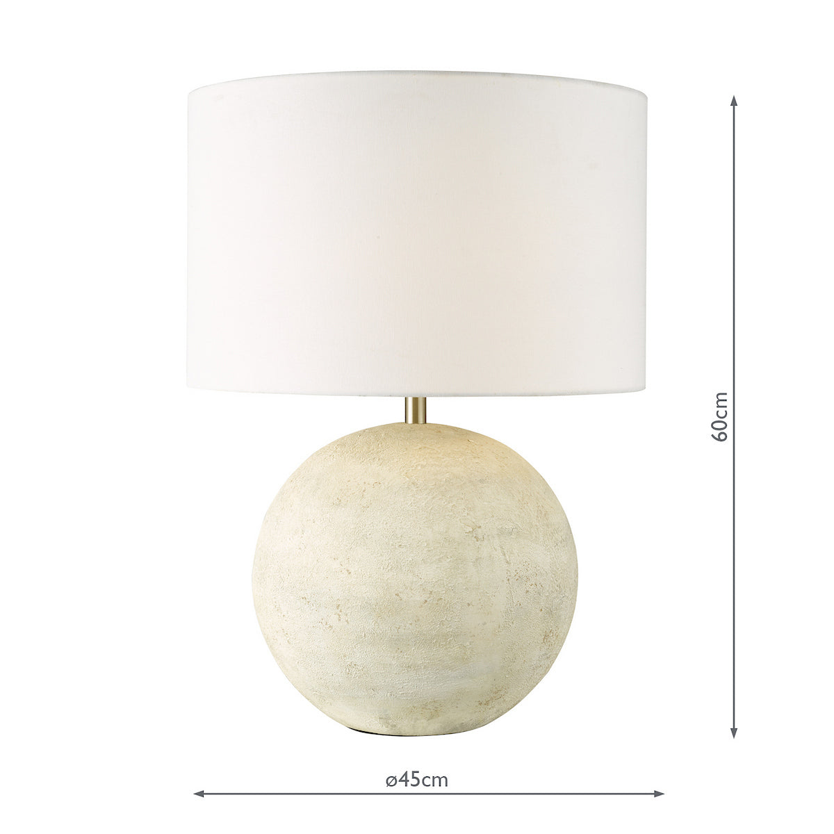Round textured cream table lamp with a white fabric shade and brass neck, with dimensions