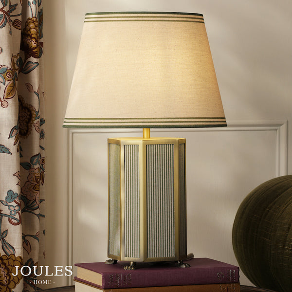 Helmingham Table Lamp In Matt Antique Brass & Green with Tapered Linen Shade