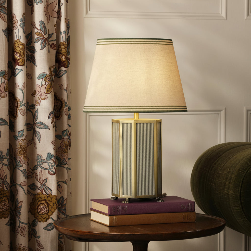 Helmingham Table Lamp In Antique Brass & Green with Tapered Linen Shade