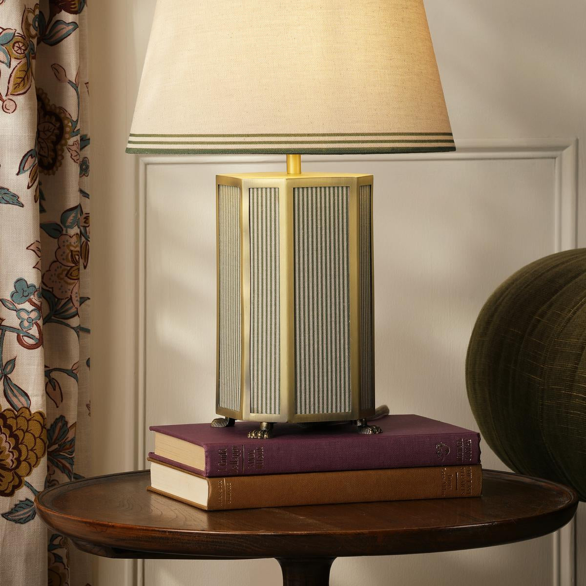 Helmingham Table Lamp In Antique Brass & Green with Tapered Linen Shade