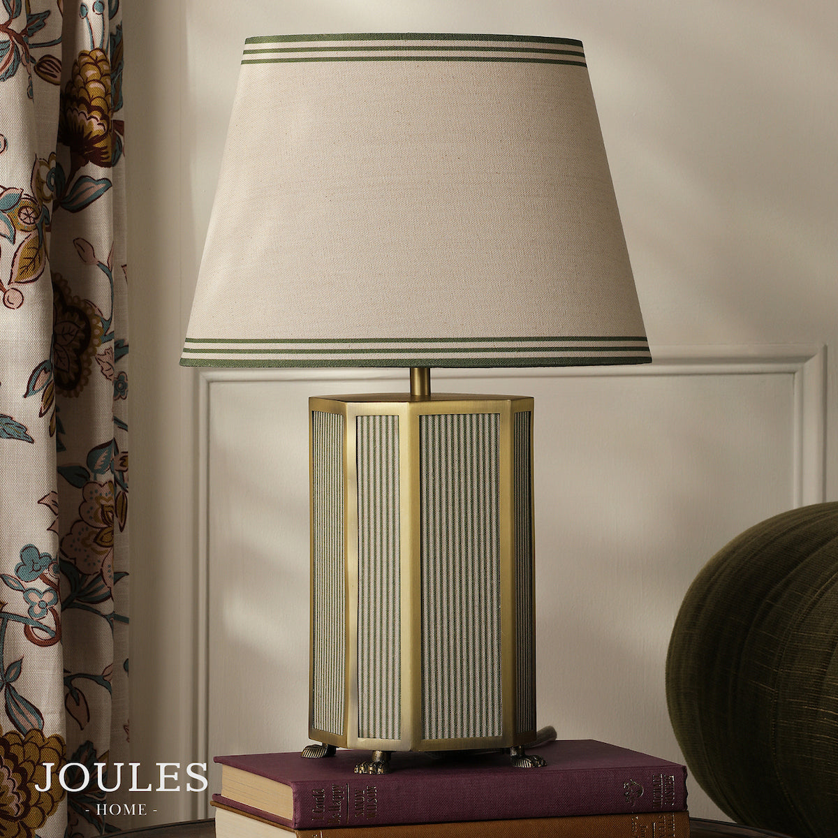 Helmingham Table Lamp In Antique Brass & Green with Tapered Linen Shade