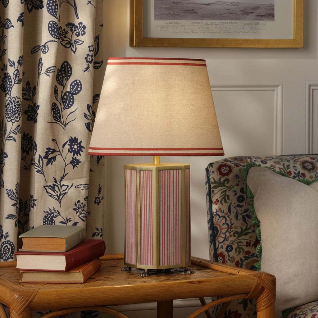 Helmingham Table Lamp In Antique Brass & Red with Tapered Linen Shade