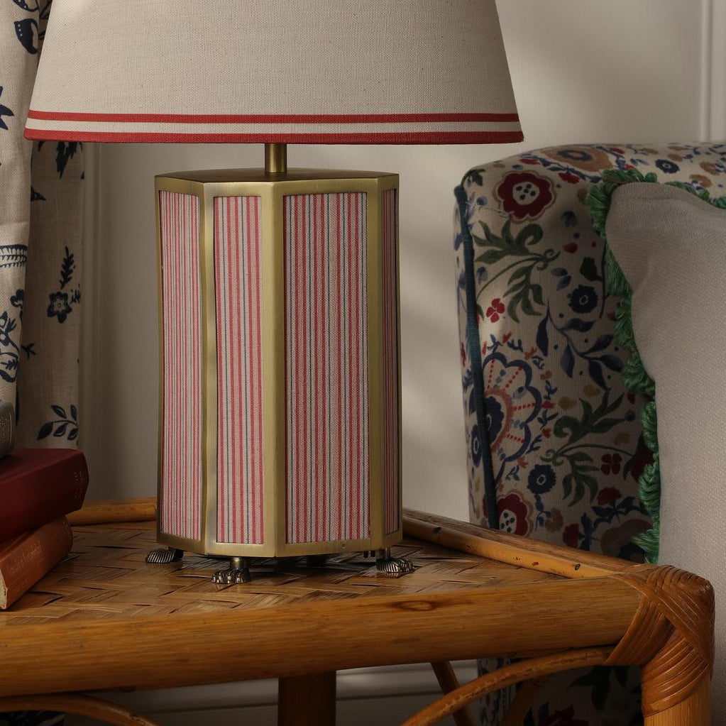 Helmingham Table Lamp In Antique Brass & Red with Tapered Linen Shade