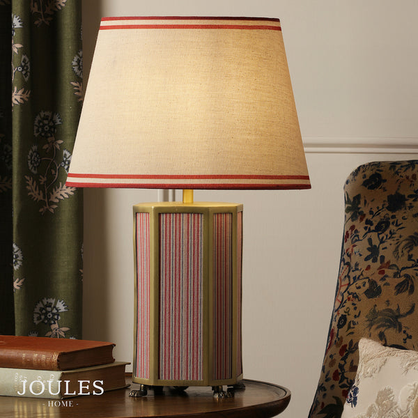Joules Helmingham table lamp with antique brass base and red striped fabric shade