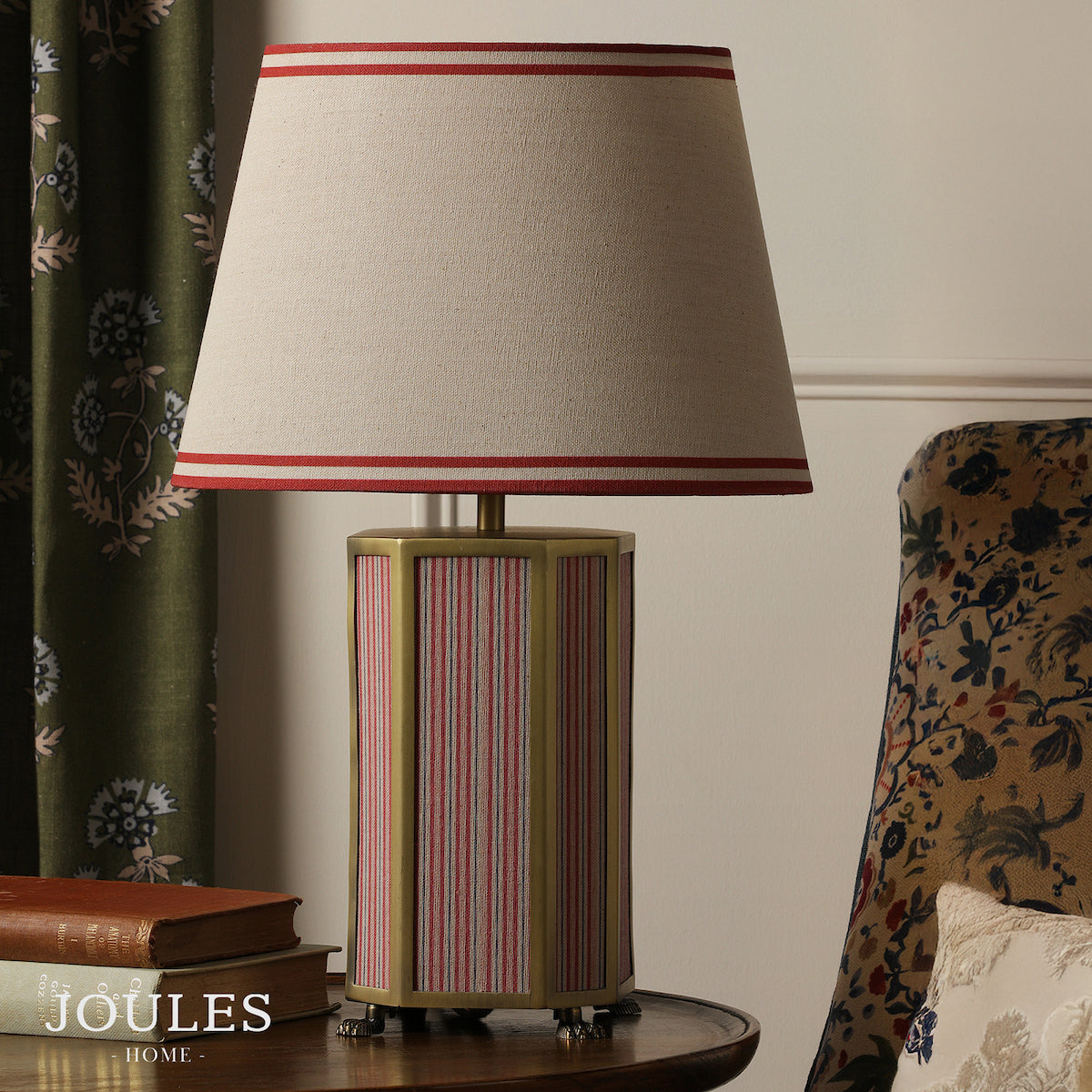 Helmingham Table Lamp In Antique Brass & Red with Tapered Linen Shade