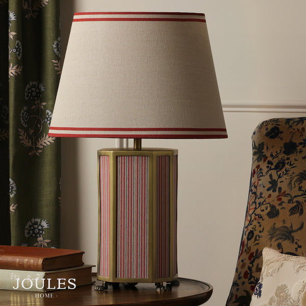 Helmingham Table Lamp In Antique Brass & Red with Tapered Linen Shade
