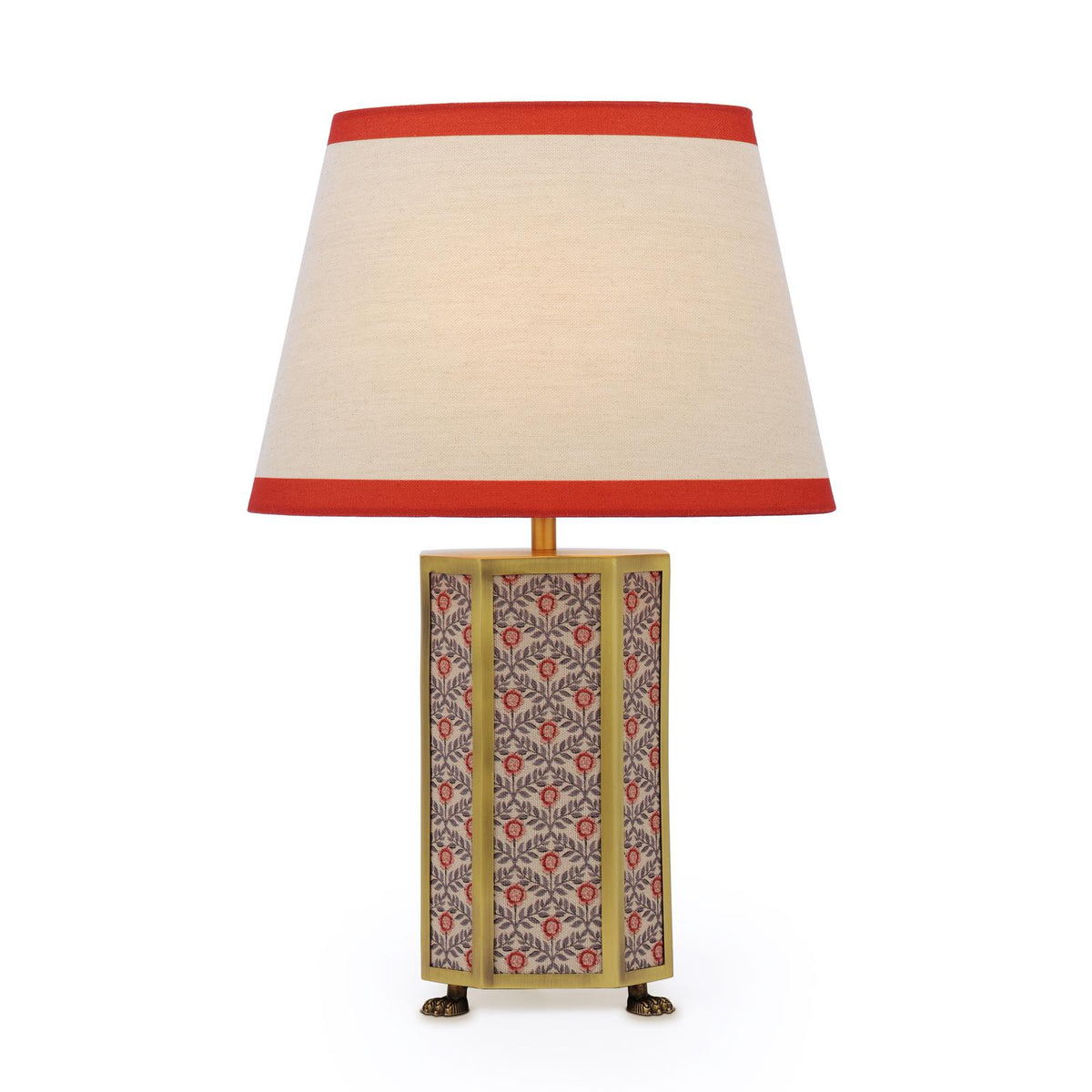 Helmingham Table Lamp In Matt Antique Brass & Red with Red Edged Linen Shade