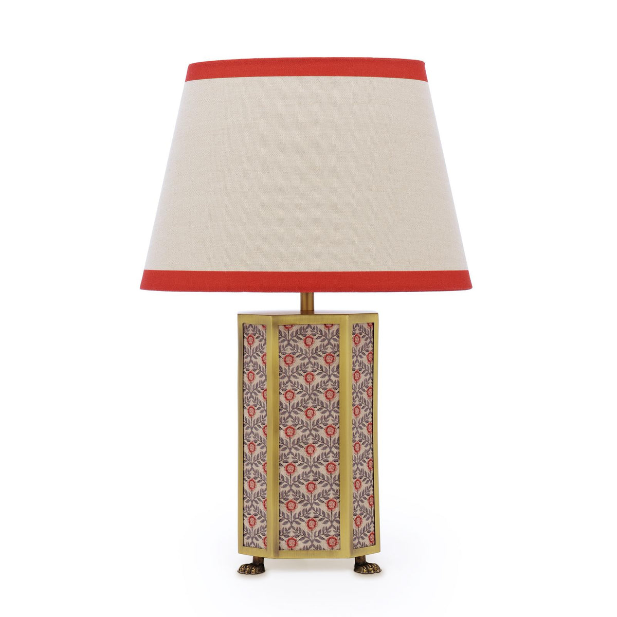 Helmingham Table Lamp In Matt Antique Brass & Red with Red Edged Linen Shade