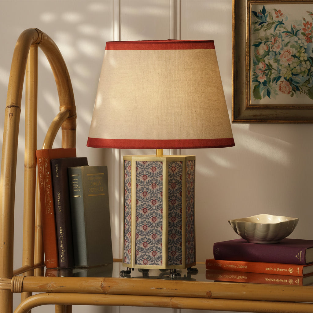 Helmingham Table Lamp In Matt Antique Brass & Red with Red Edged Linen Shade