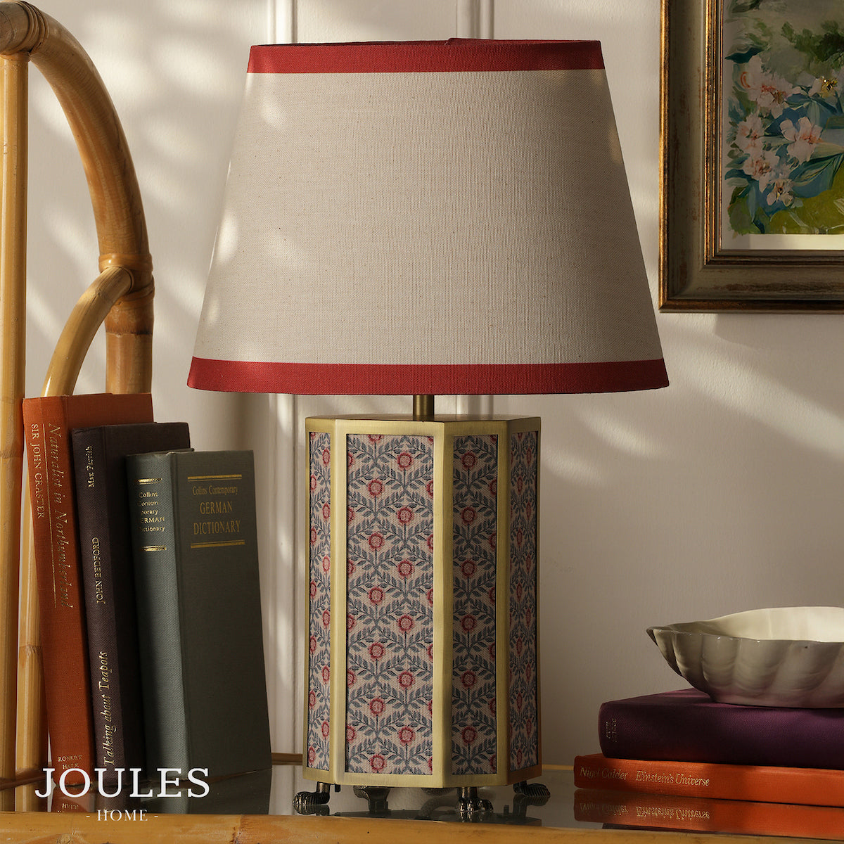 Helmingham Table Lamp In Matt Antique Brass & Red with Red Edged Linen Shade