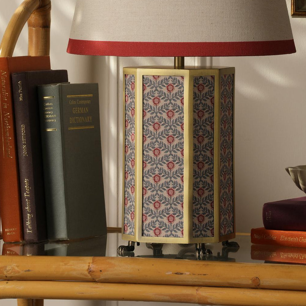 Helmingham Table Lamp In Matt Antique Brass & Red with Red Edged Linen Shade