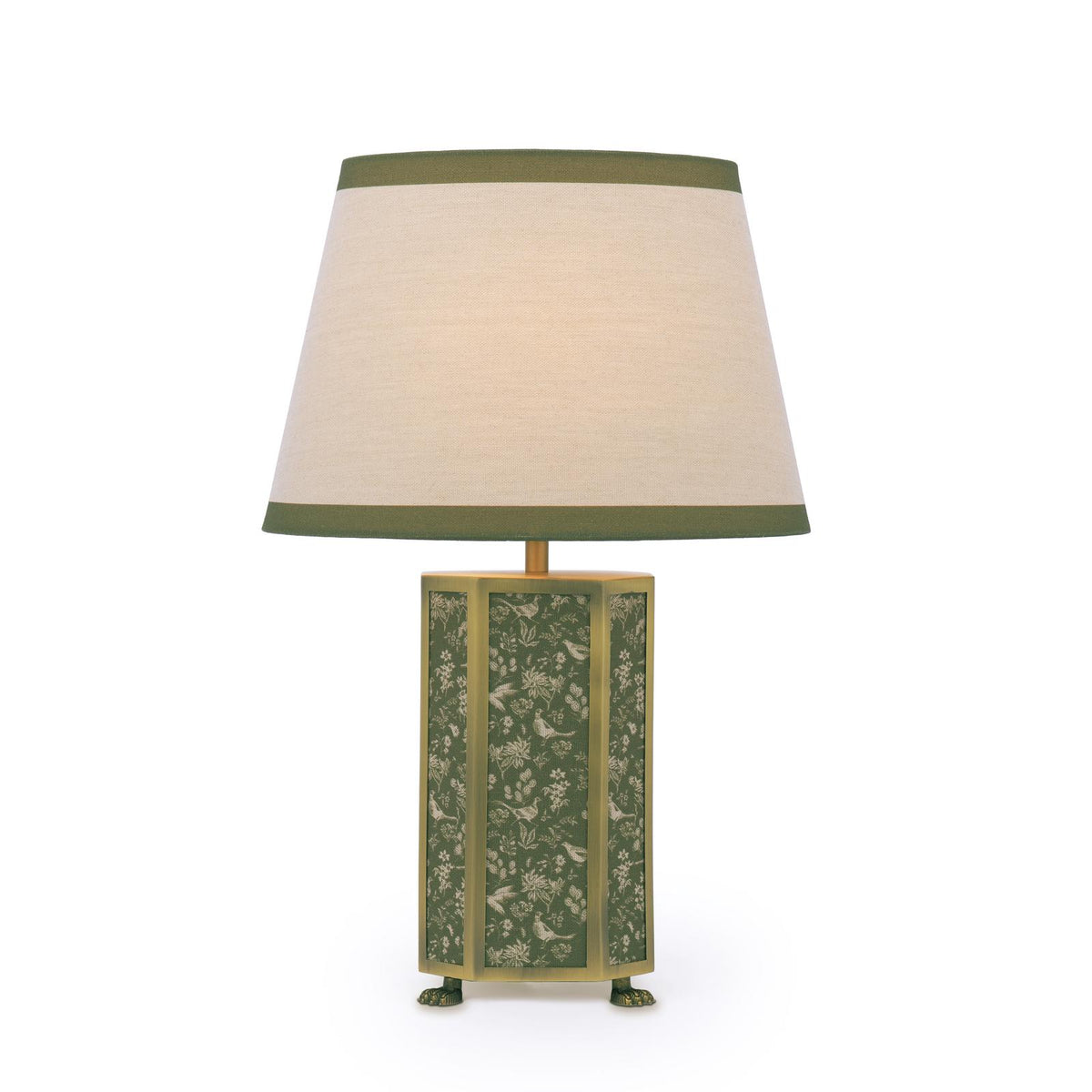Helmingham Table Lamp In Matt Antique Brass & Green with Green Edged Linen Shade