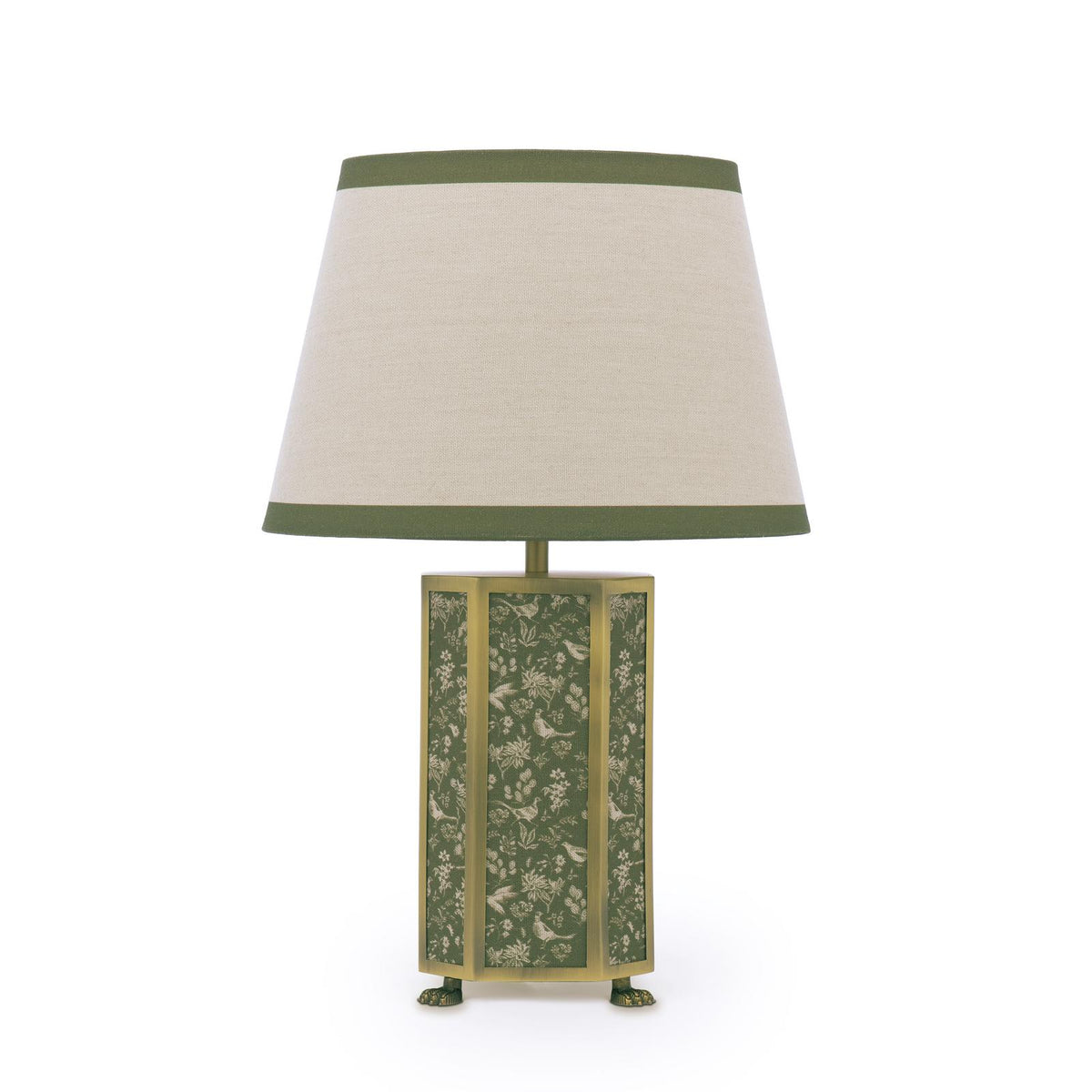 Helmingham Table Lamp In Matt Antique Brass & Green with Green Edged Linen Shade