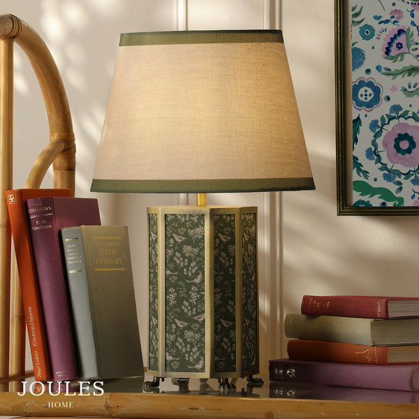Helmingham Table Lamp In Matt Antique Brass & Green with Green Edged Linen Shade
