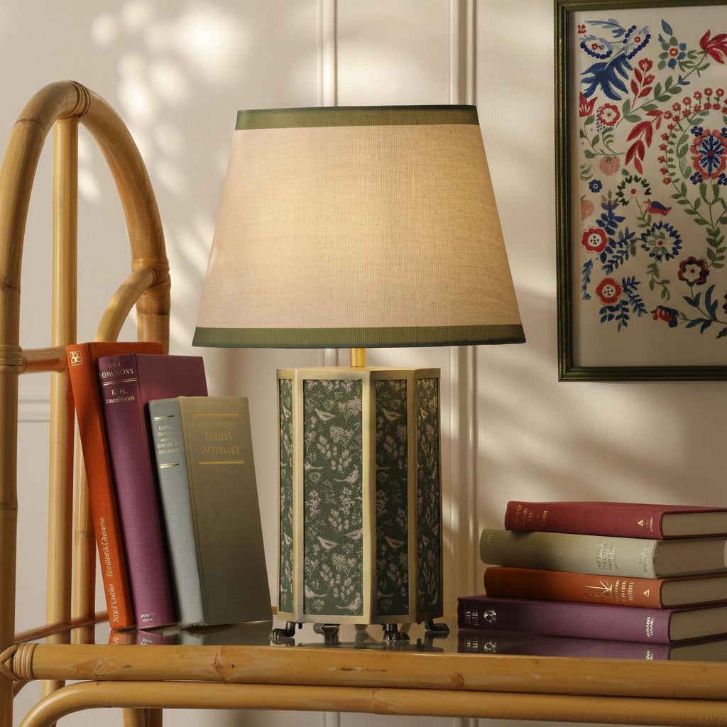 Helmingham Table Lamp In Matt Antique Brass & Green with Green Edged Linen Shade